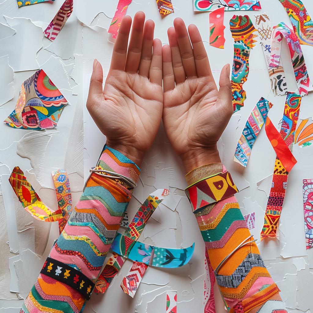 Two hands holding colorful patchwork on white