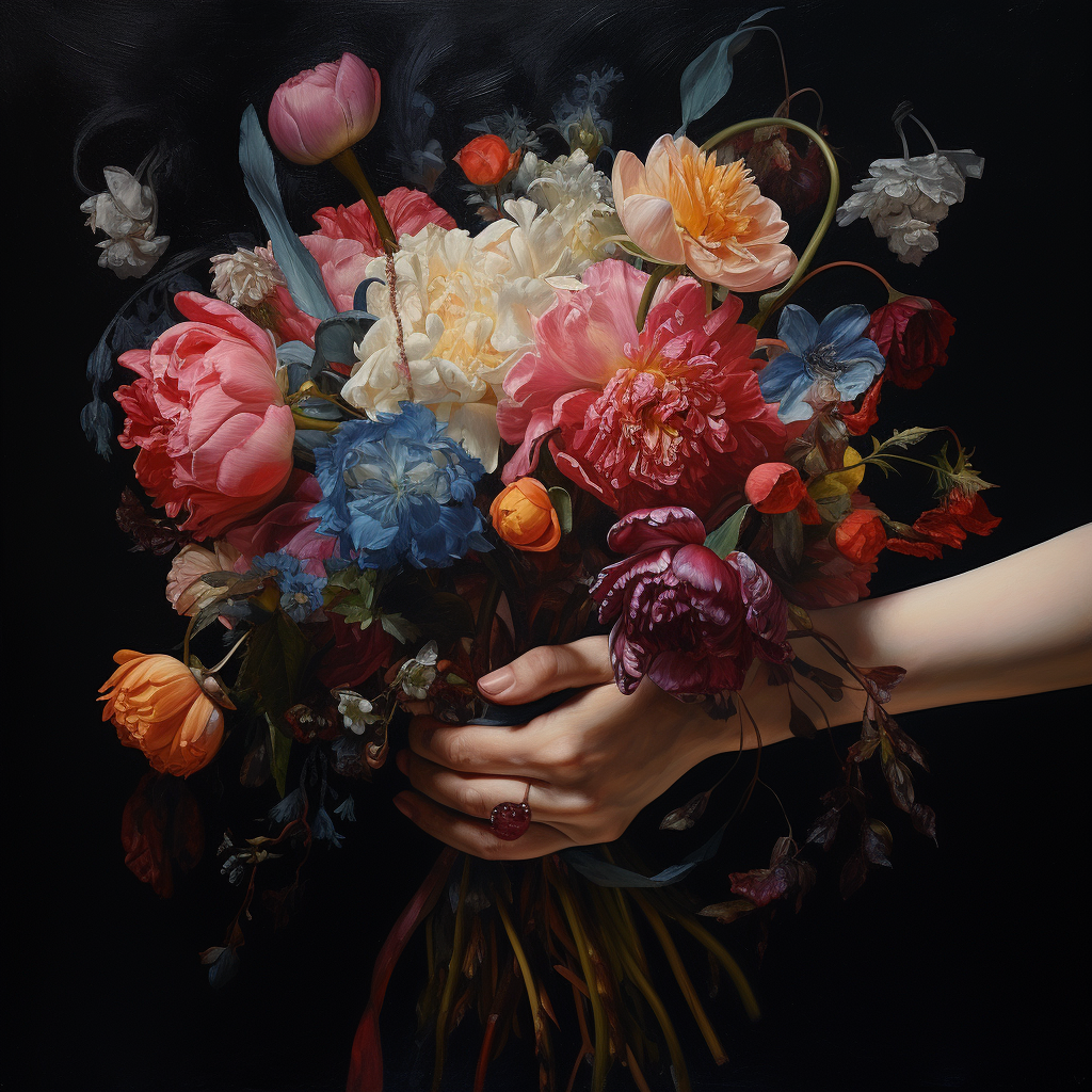 Hands with bouquet of flowers