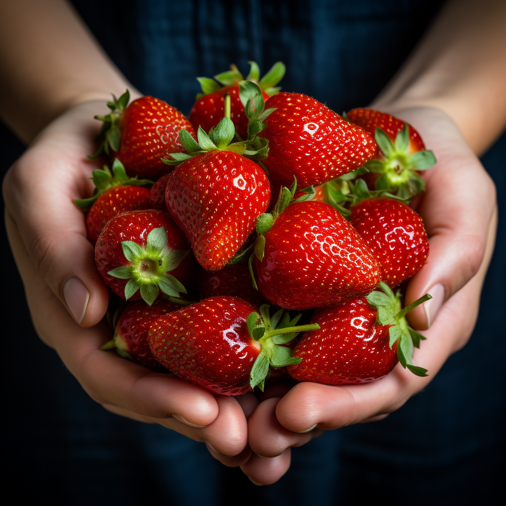 Hands holding fresh strawberries close-up