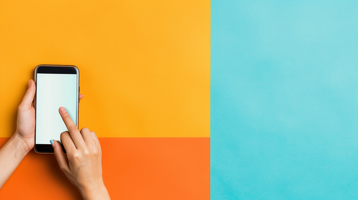 Hands holding smartphone on yellow background