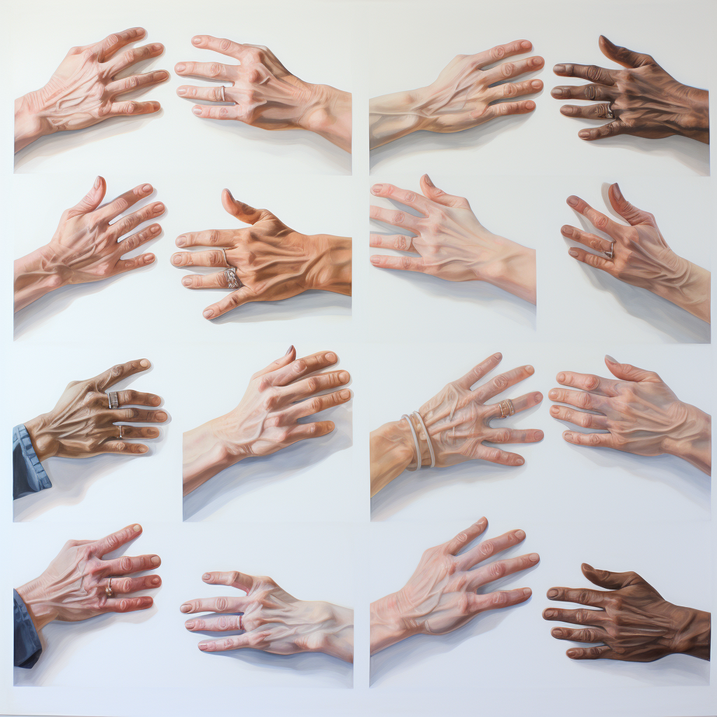 Various hand positions painting on white background