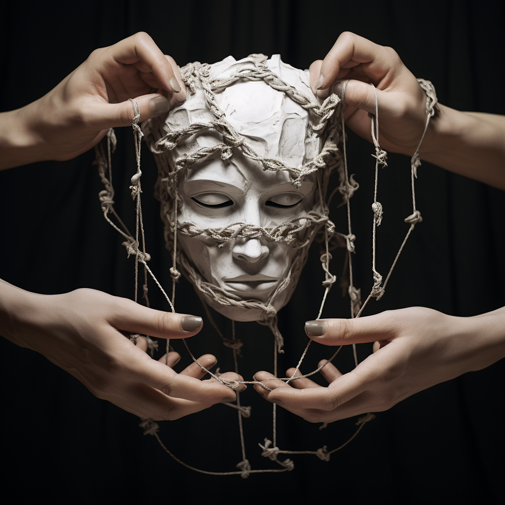 Hands puppeteering theater masks with strings