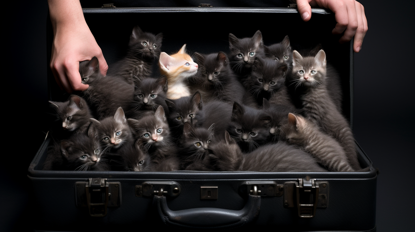 hands holding black suitcase with kittens