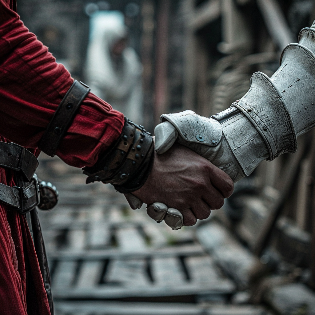 Man in red gi shaking hands with man in white platemail