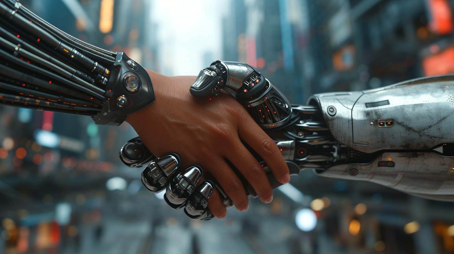 Handshake with Robotic Hand in Cityscape