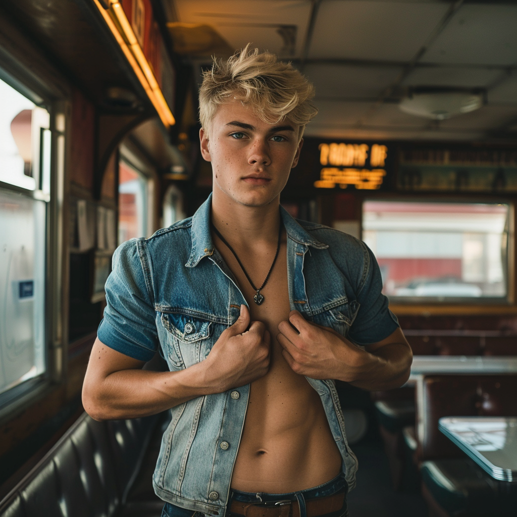 athletic blonde college boy midriff diner