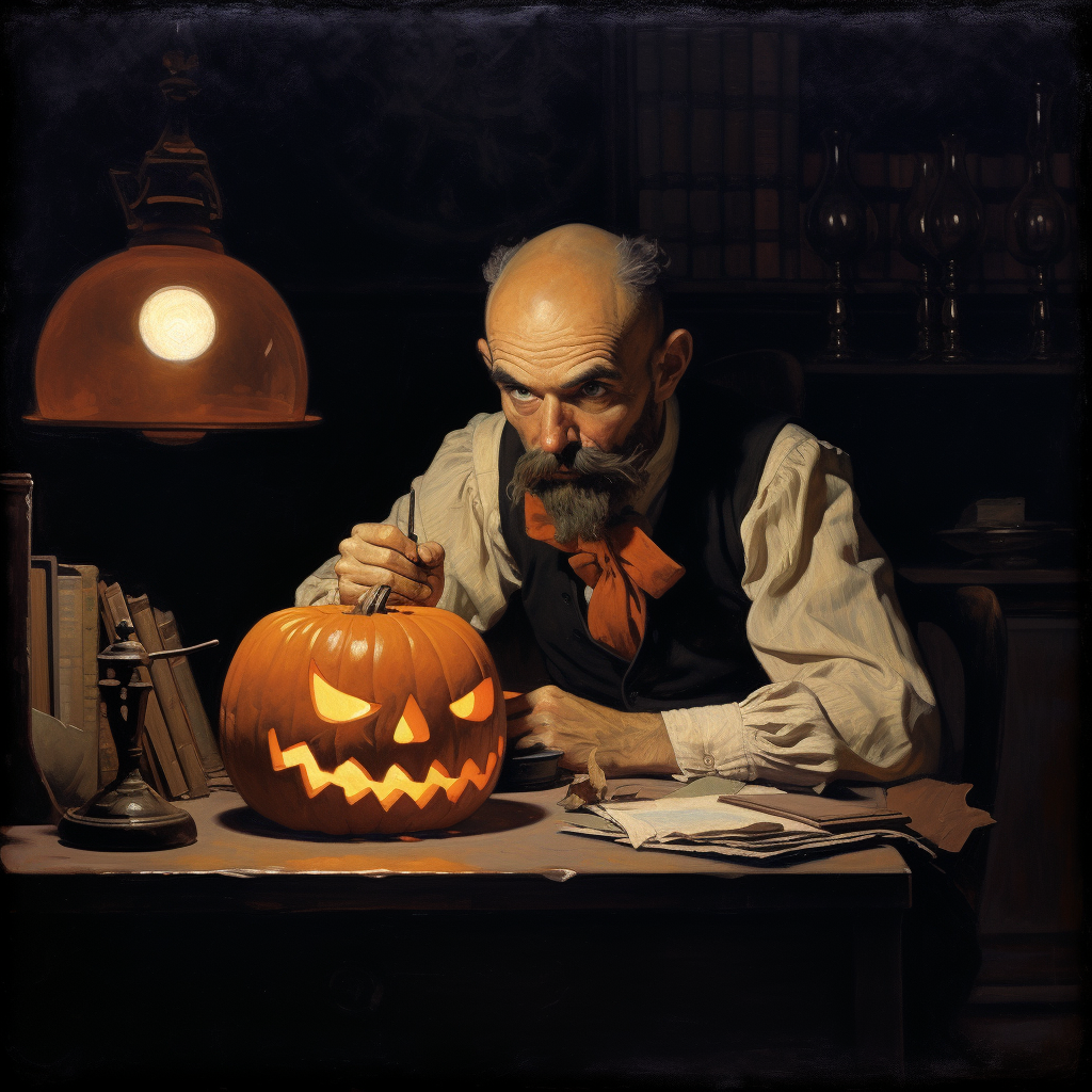 Bald man with brown beard admiring jack-o-lantern on rustic desk