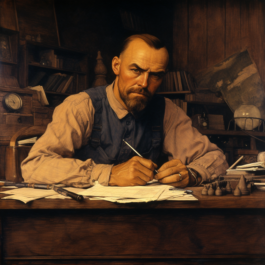 Norman Rockwell's Bald Man Writing at Rustic Desk