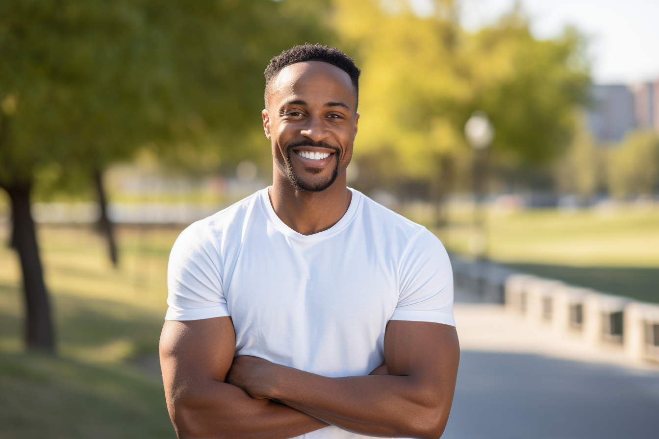 Handsome black man smiling in white jersey at city park