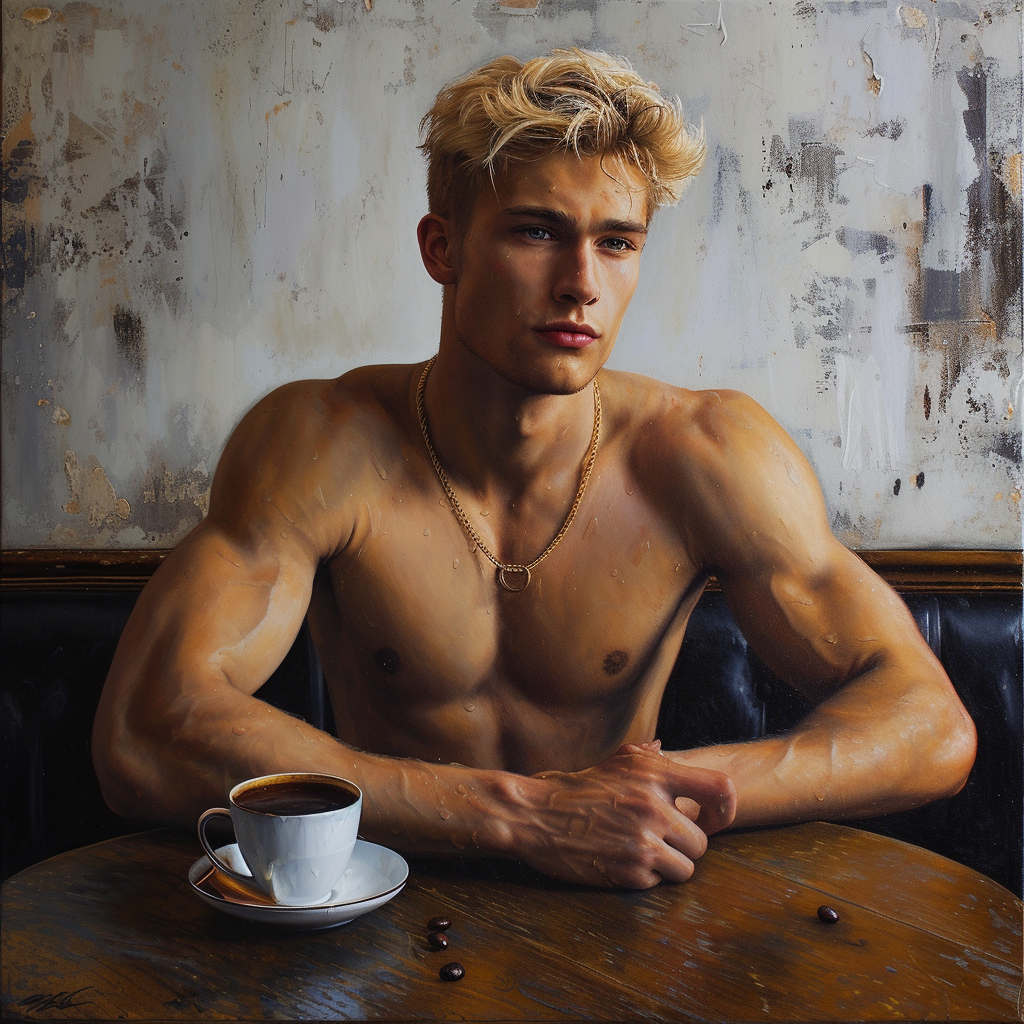 Handsome blond collegiate jock at modern cafe with coffees