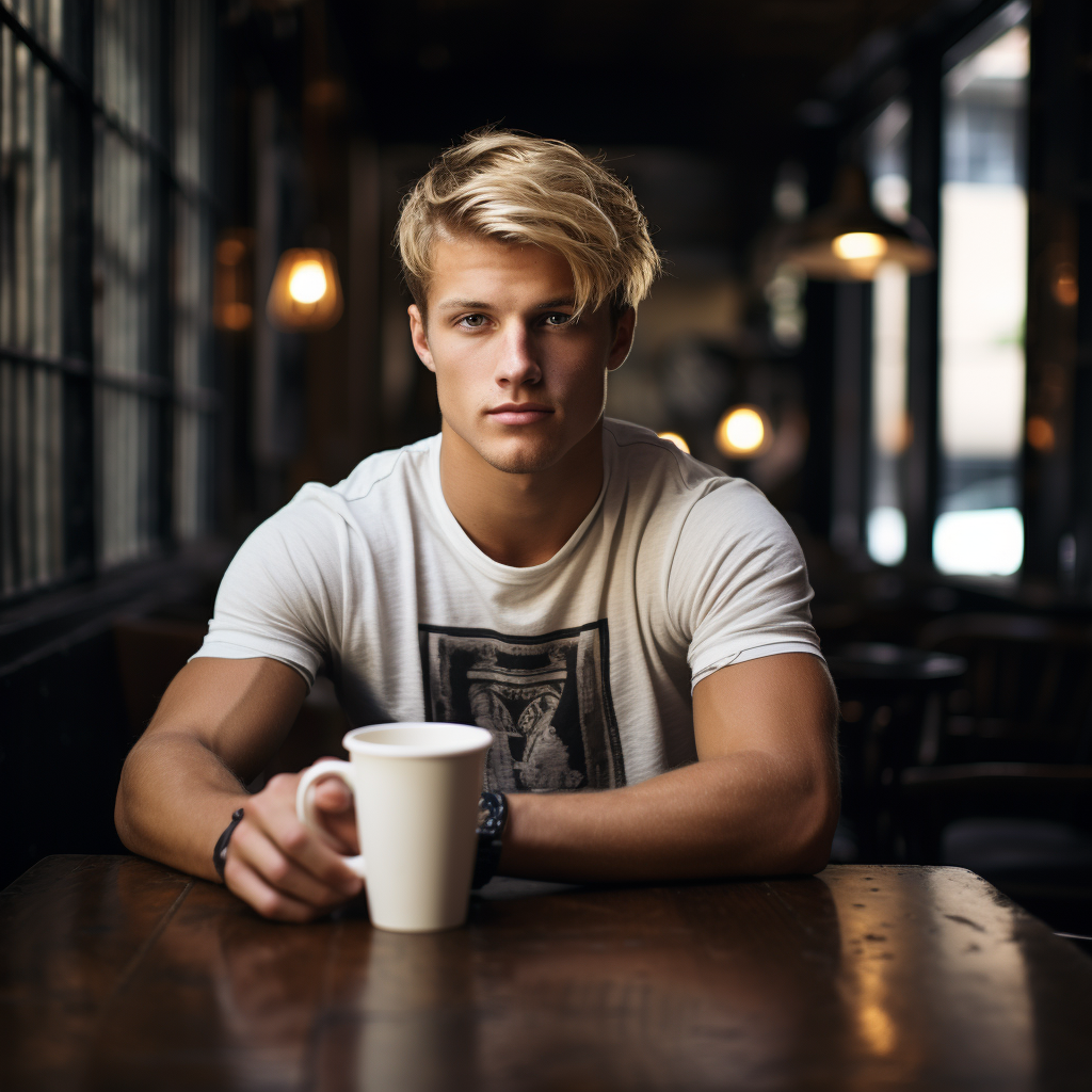 Athletic jock with coffees at cafe table