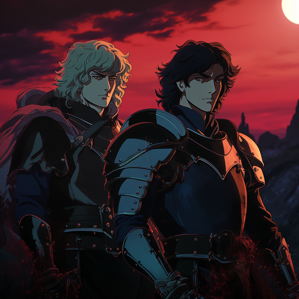 Two handsome buff knights in a dark fantasy world