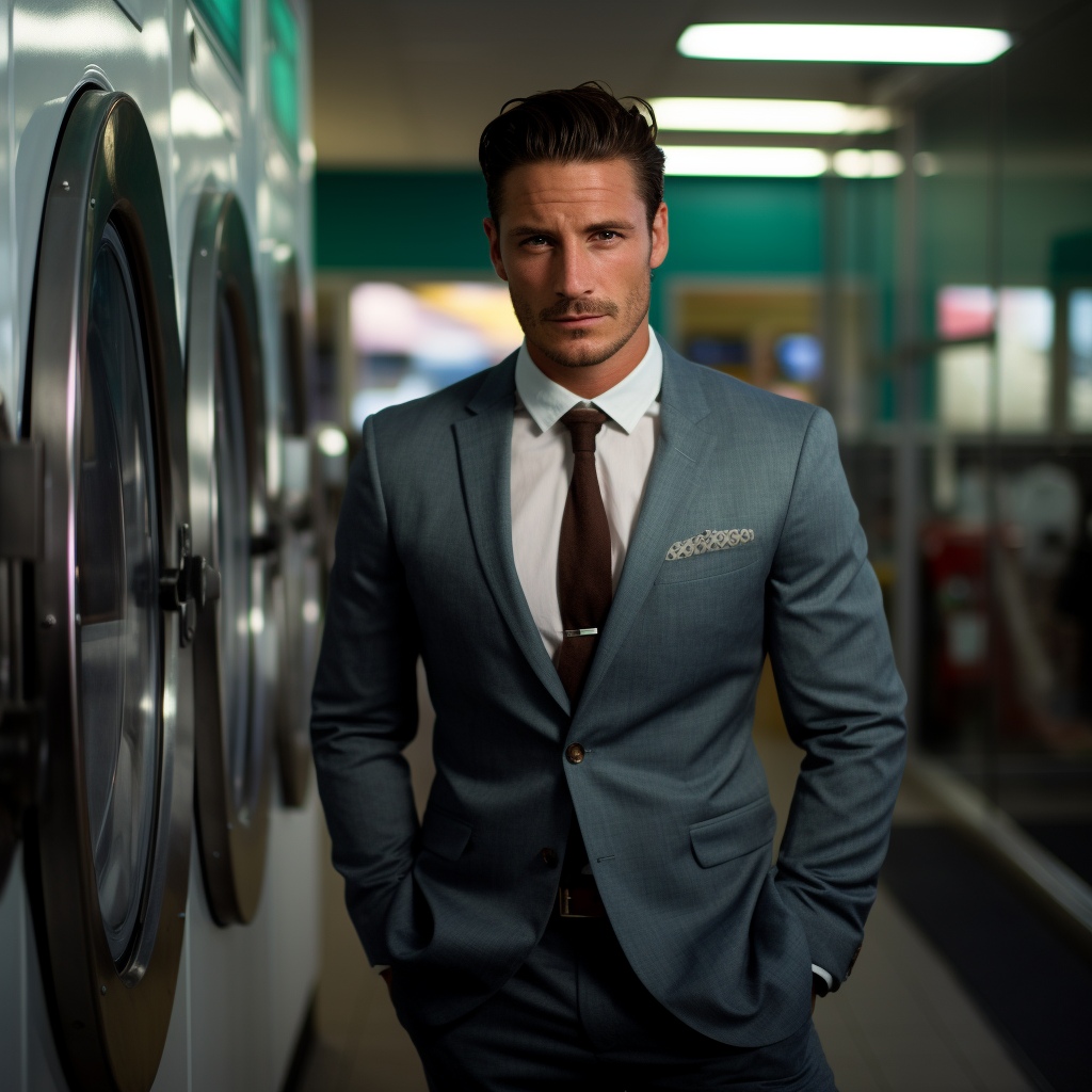 Handsome businessman in laundromat