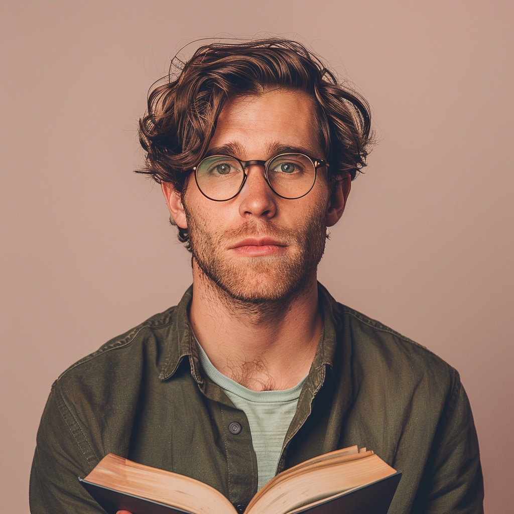 Caucasian man holding book background