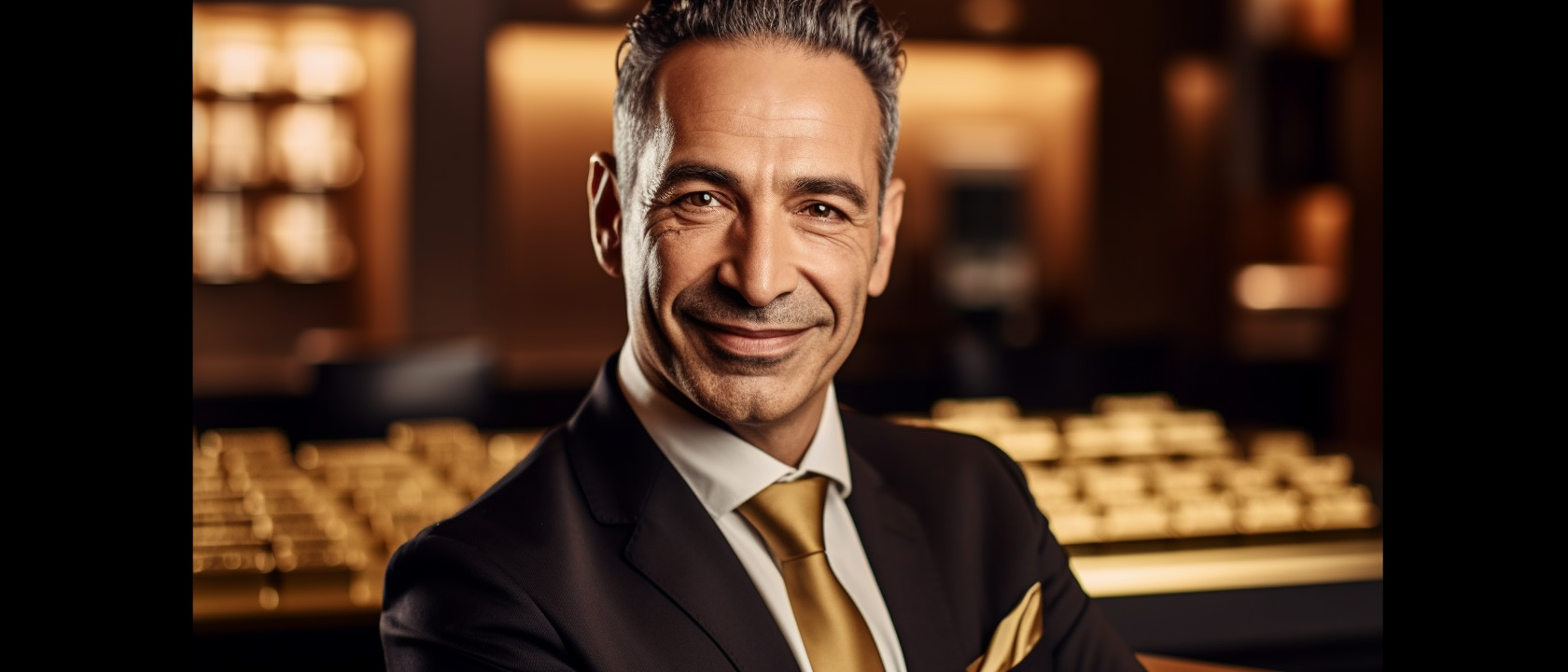 Smiling male concierge with gold bullion bars