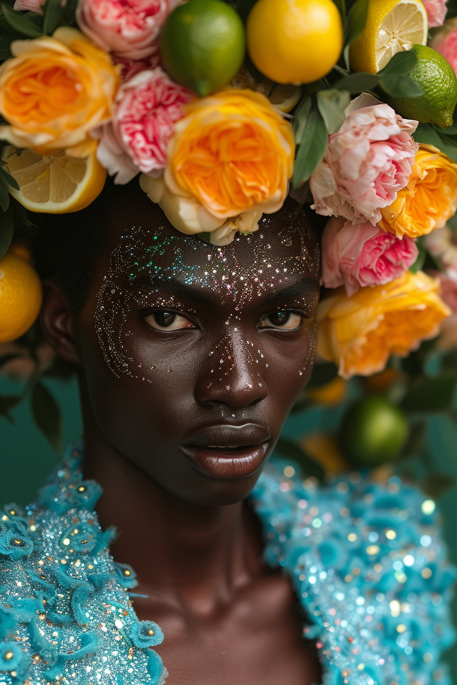 Man in Cyan Sequinned Jacket with Flowers