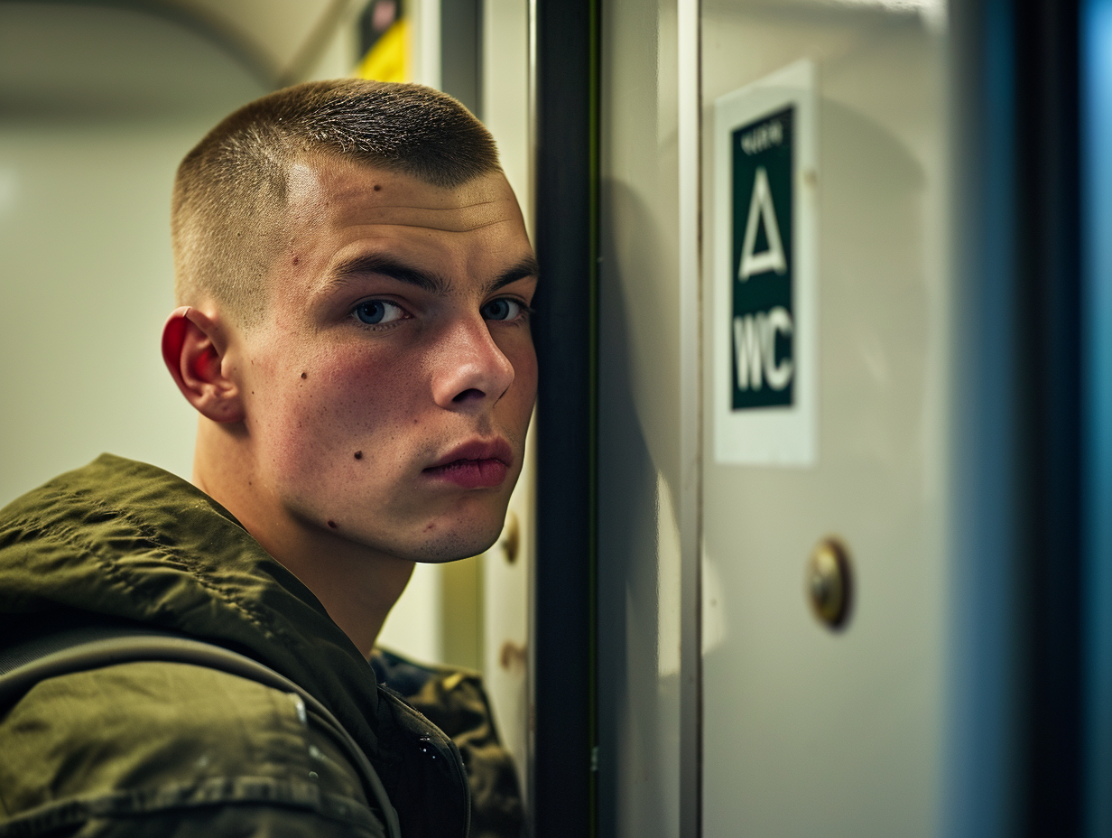 Handsome guy on a train bathroom door