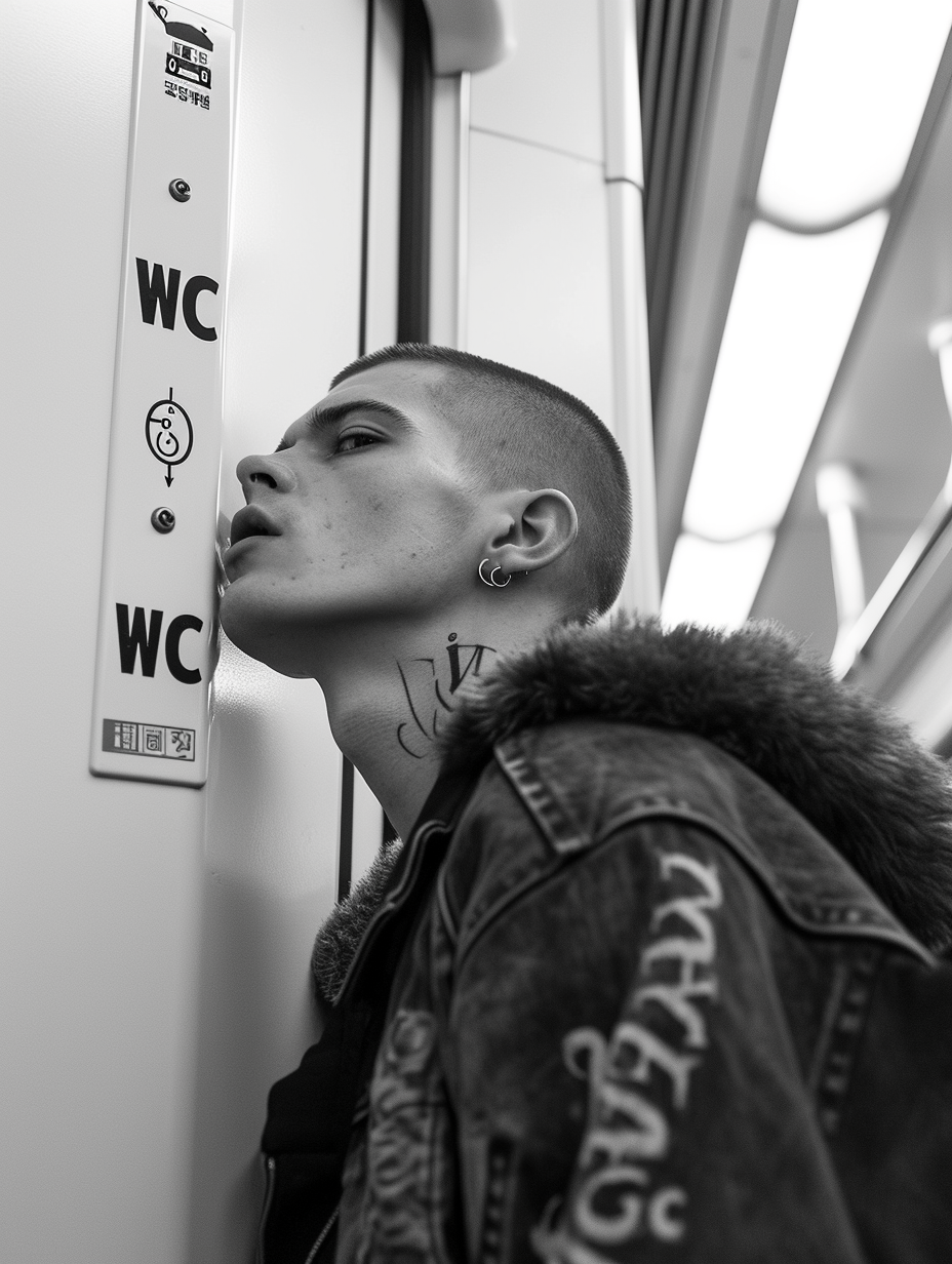 Handsome guy leaning on train bathroom door with WC sign