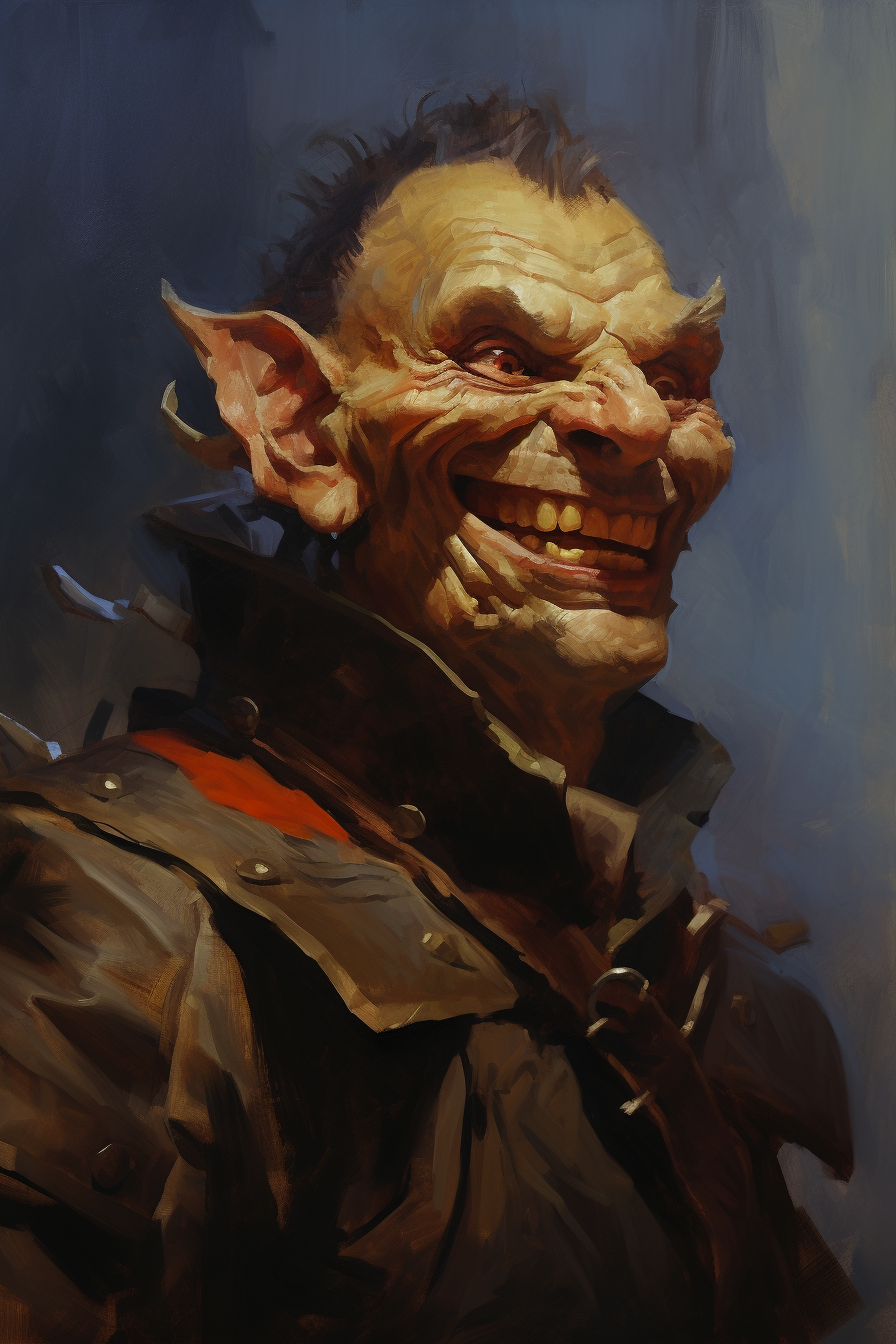 Handsome hobgoblin male with jolly expression in oil painting