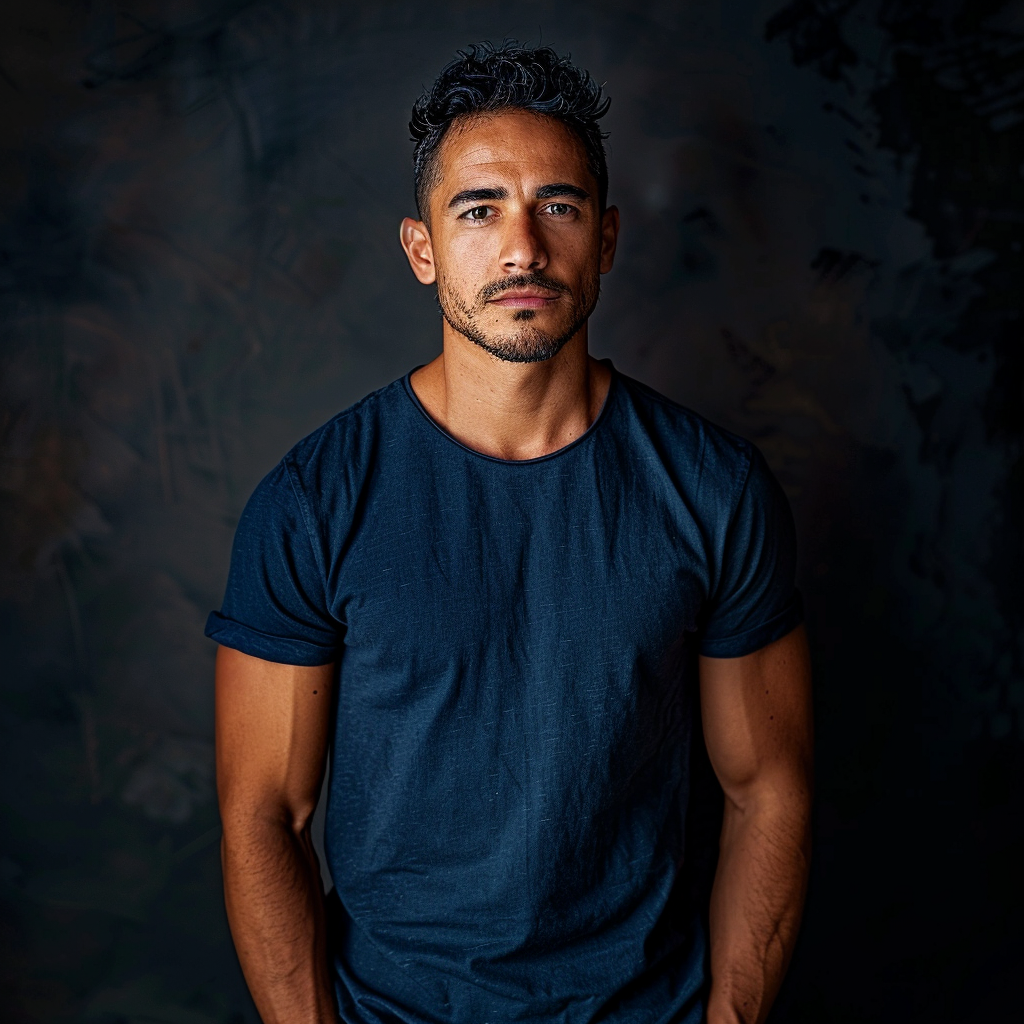 Latino man in blue navy shirt