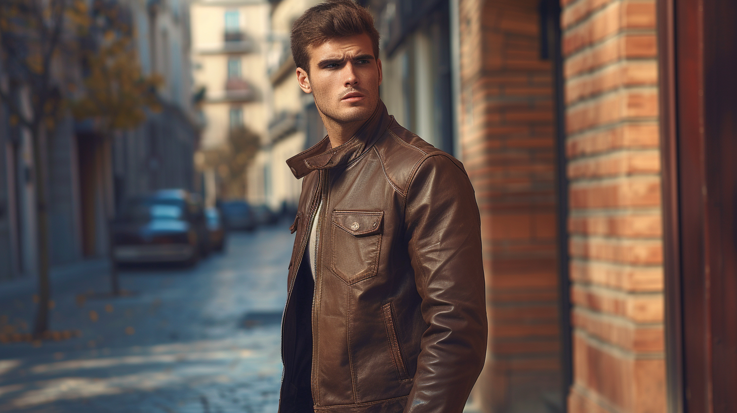 Handsome male model in vintage leather jacket on street