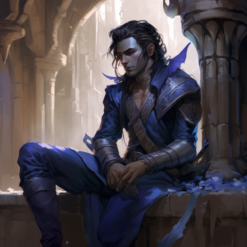 Handsome male tiefling warrior in blue skin