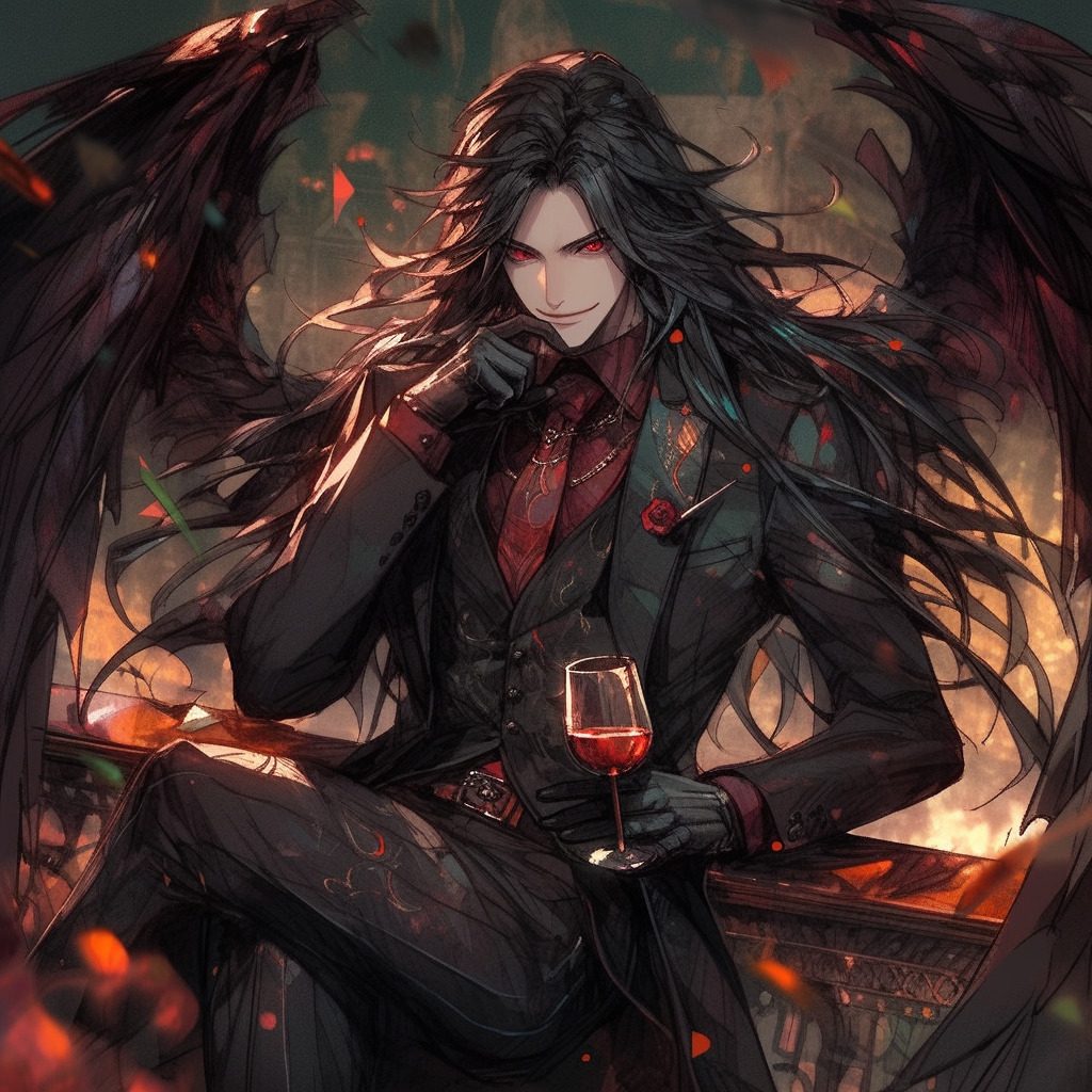 Stylish man with black dragon wings holding a glass of whiskey