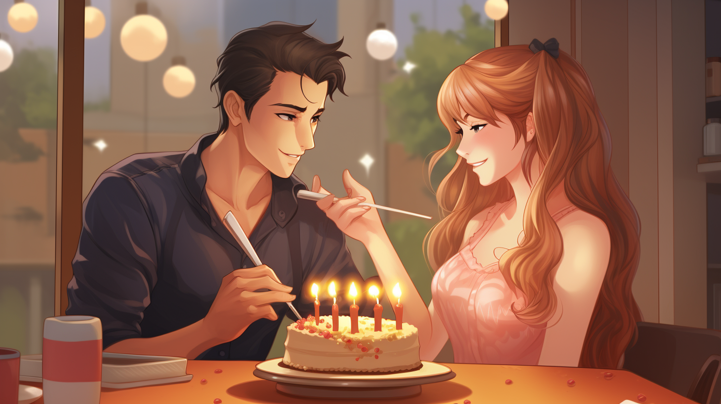 Anime style man blowing birthday candles