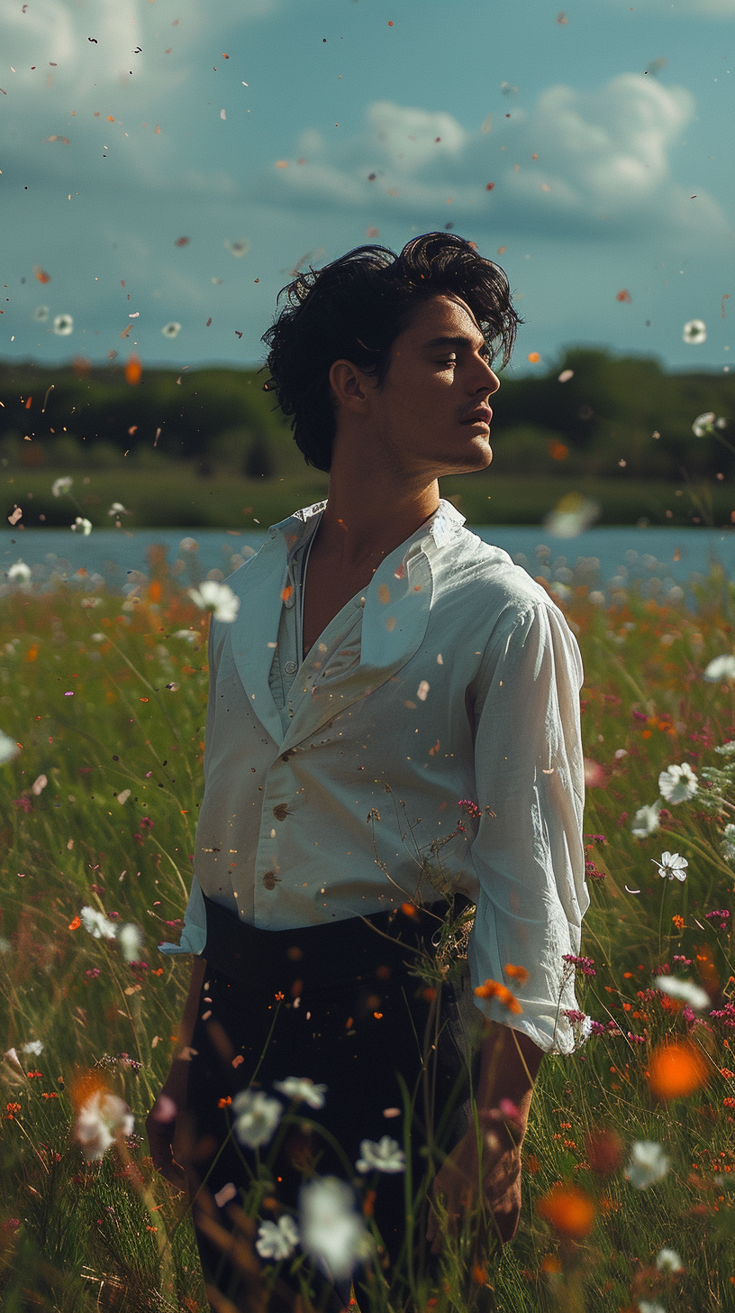 Handsome man in green grassland