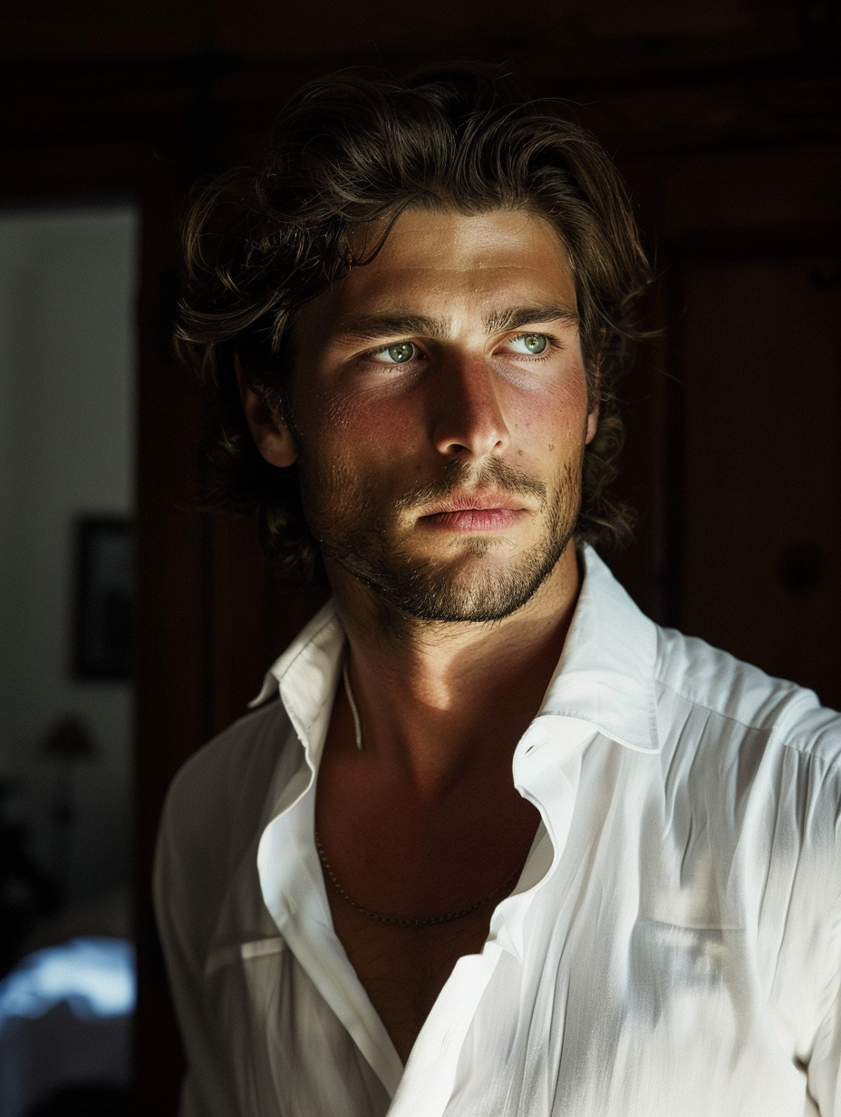 Muscular man dressing in white shirt