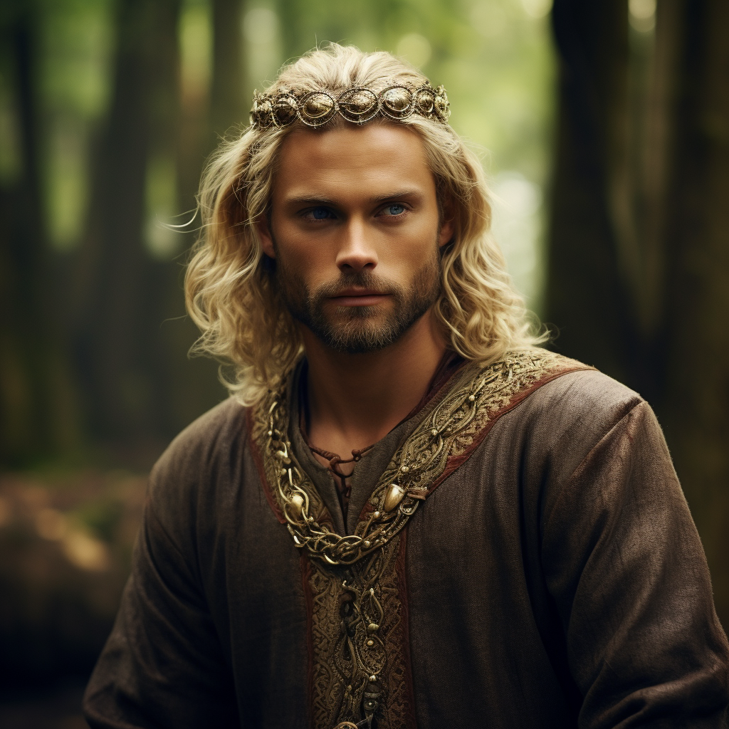 Handsome man in medieval attire in a forest