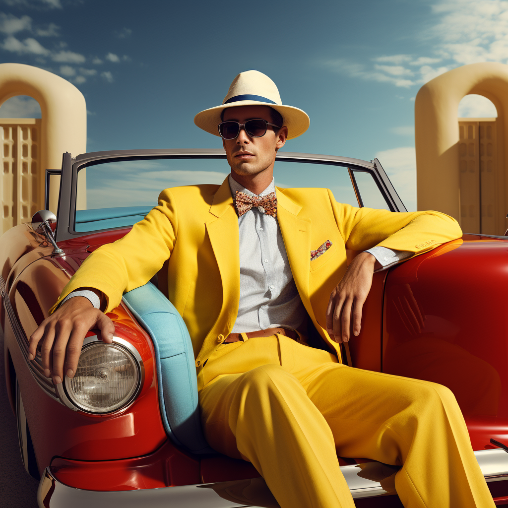 Handsome Man in Yellow Hat with Blue Convertible and Red Tufted Seats