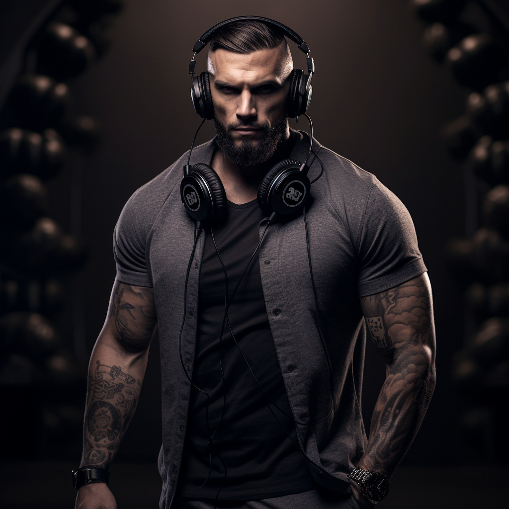 30-year-old muscle man wearing headphones