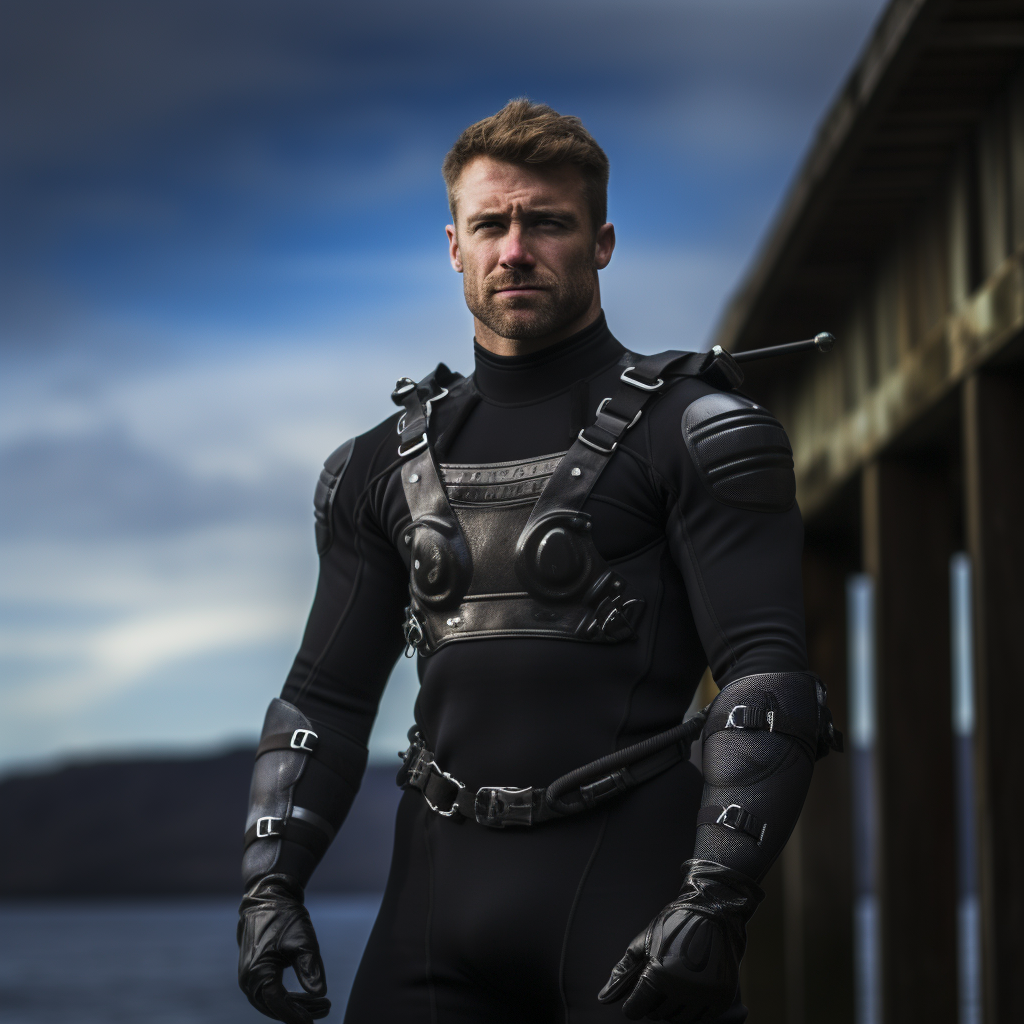 Muscular man in rubber diving gear