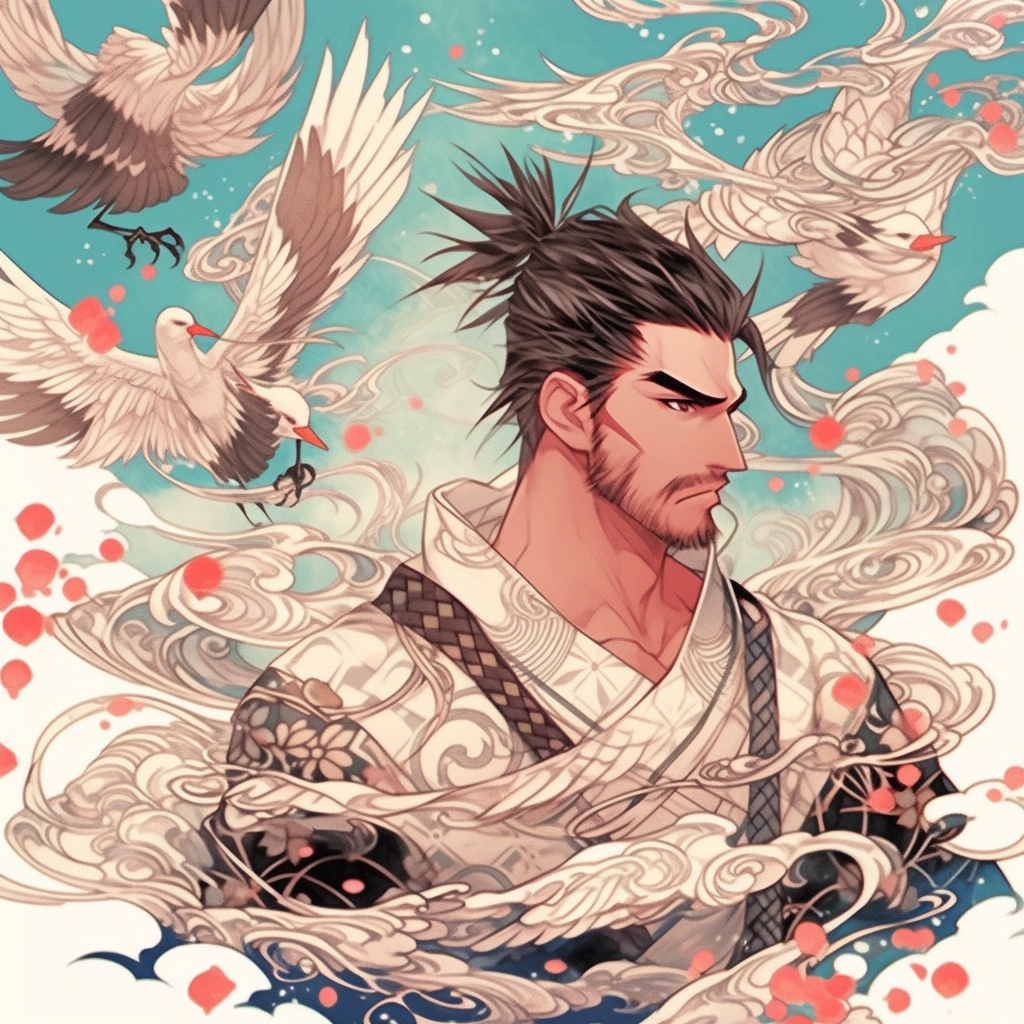 Samurai with majestic white crane spirit