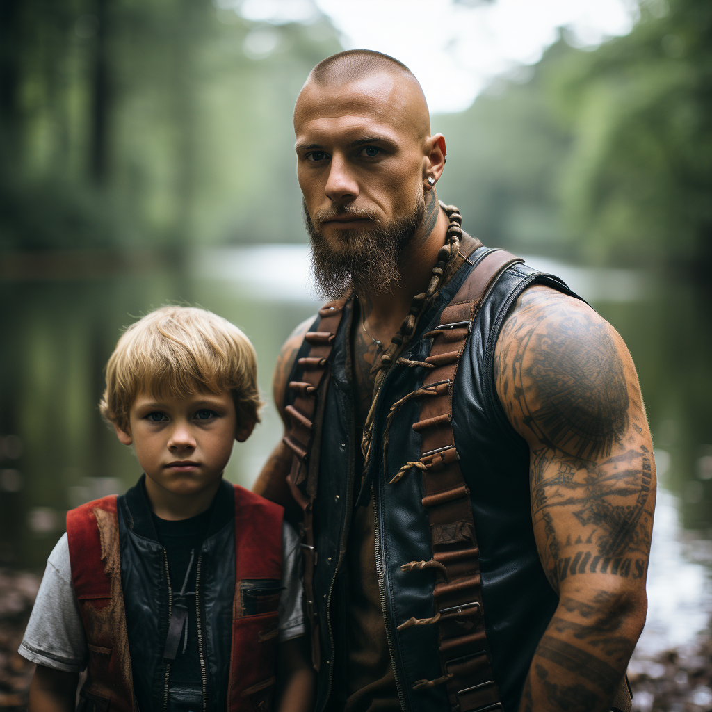 Handsome Muscular Swimmer Dad and Son by the Lake