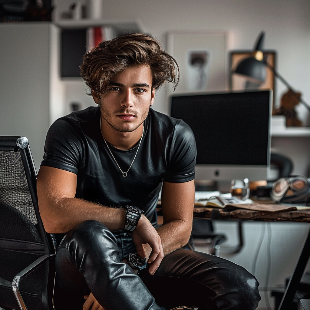 Young man in leather sitting