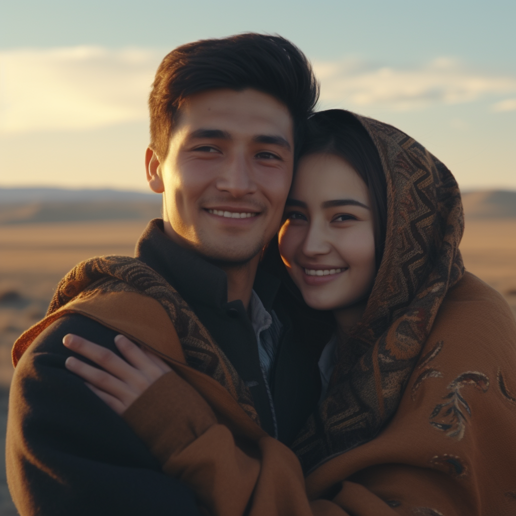 Handsome Muslim man hugging his wife in Kazakh Steppe