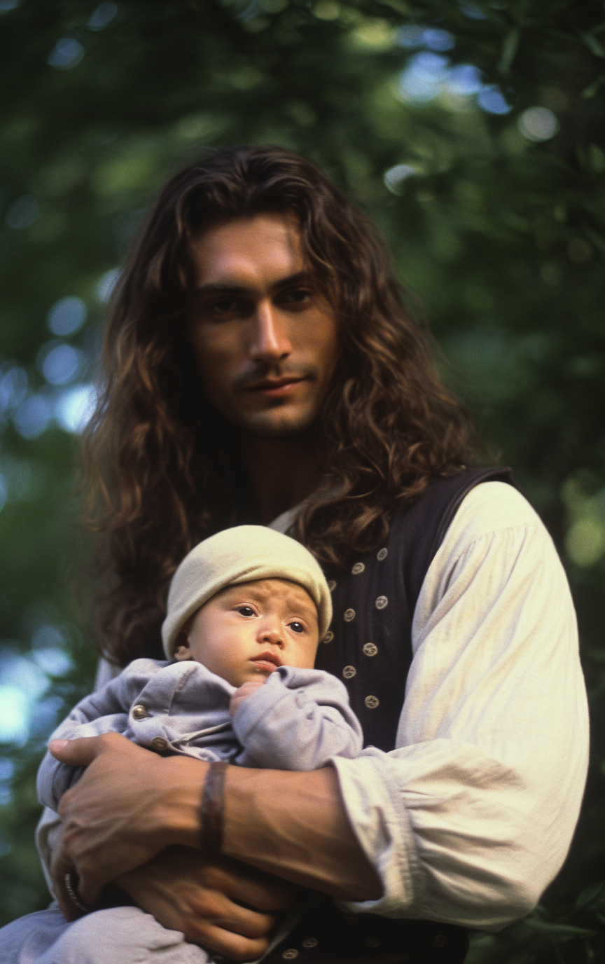 Prince holding baby in outdoor setting