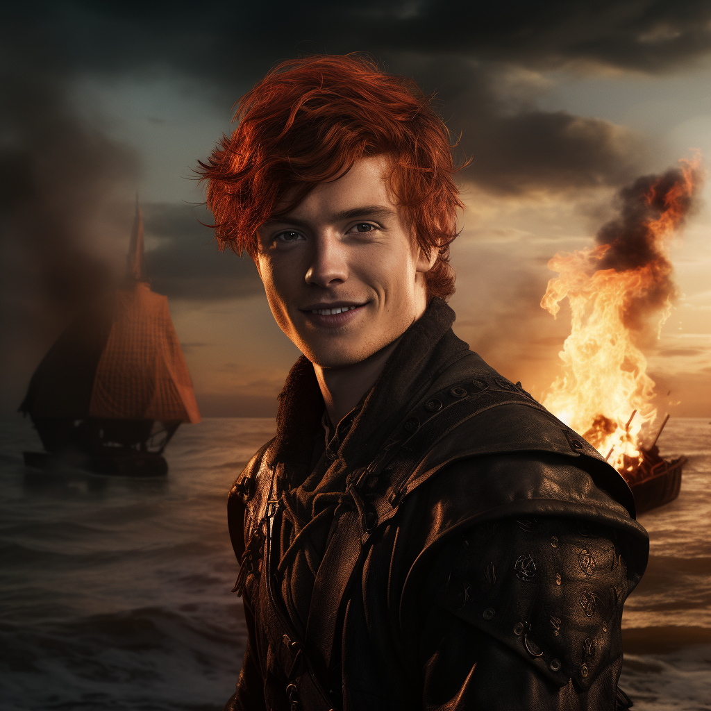 Red-haired Knight Smiling with Burning Ship in Background