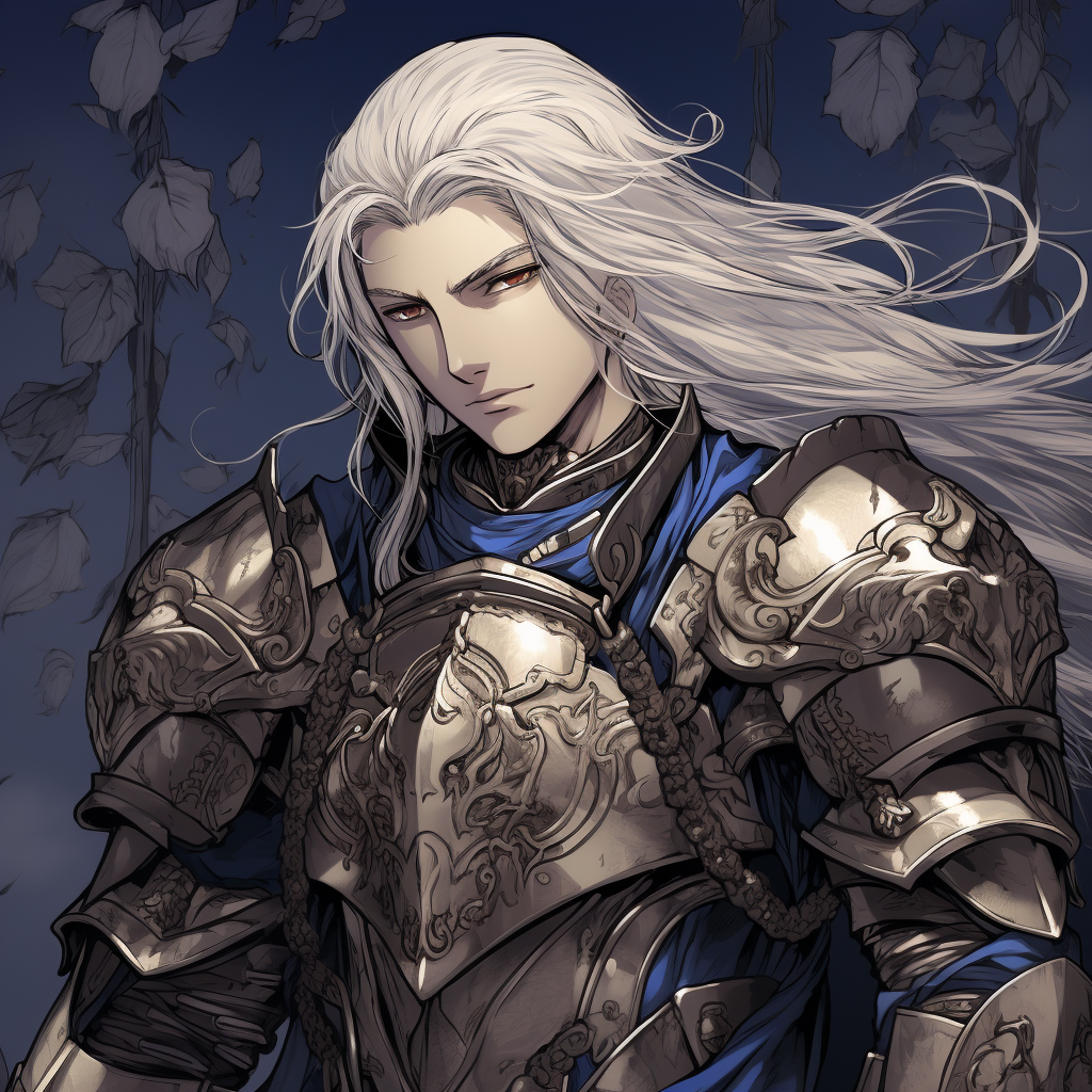 Handsome knight in silver armor with blue engravings