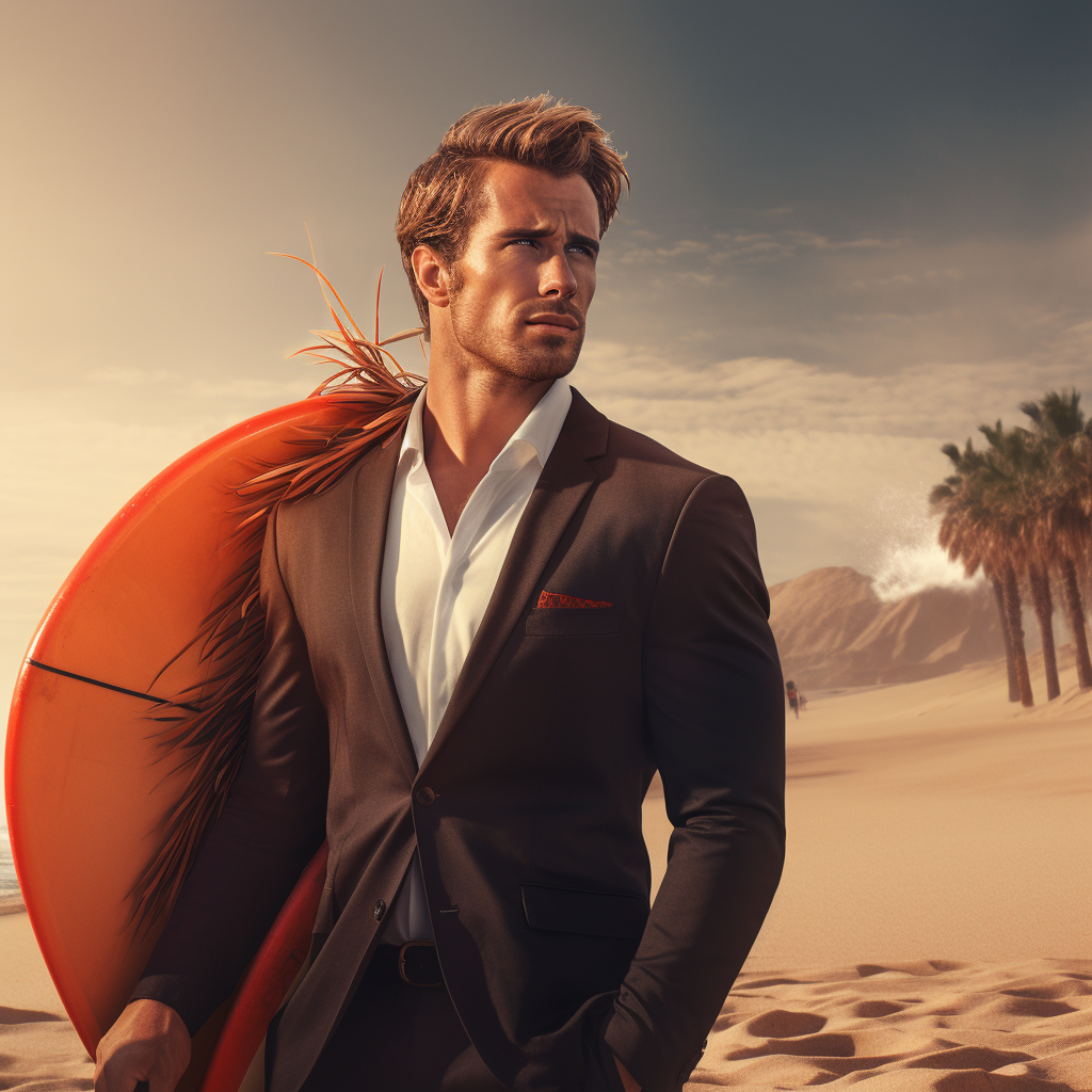 Handsome surfer in sophisticated surf clothes on a wonderful beach