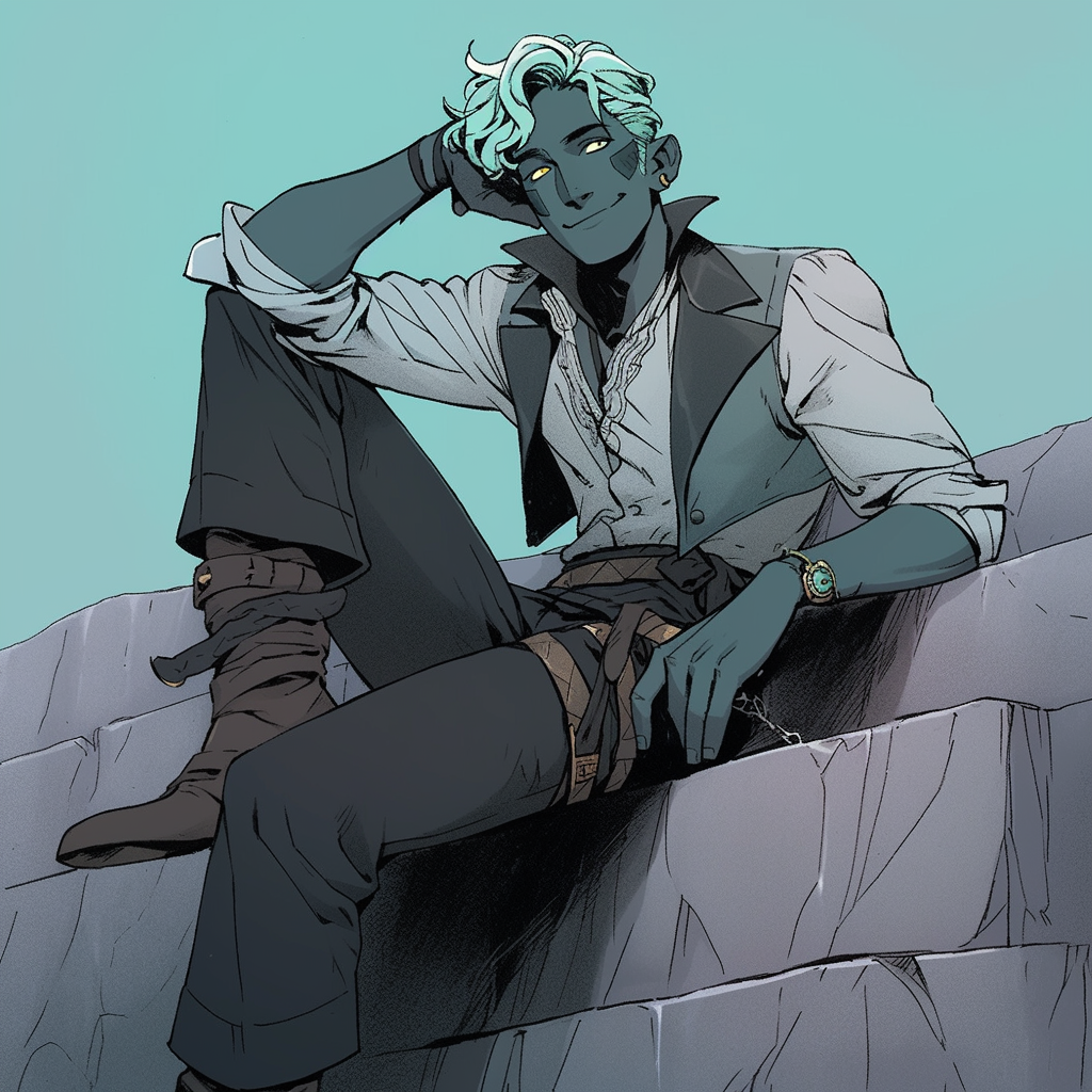 Midjourney AI prompt: handsome teal-haired bad boy traveler