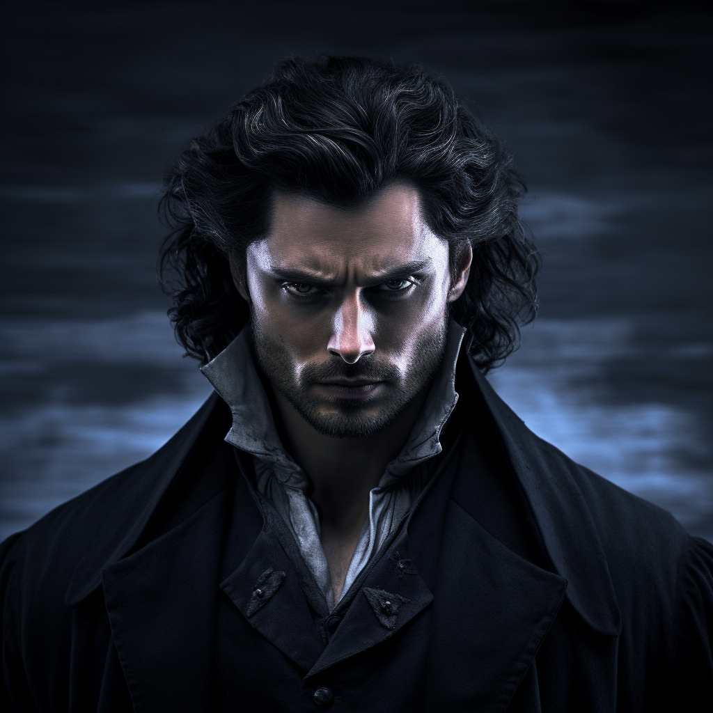 Handsome vampire with curly black hair and beard