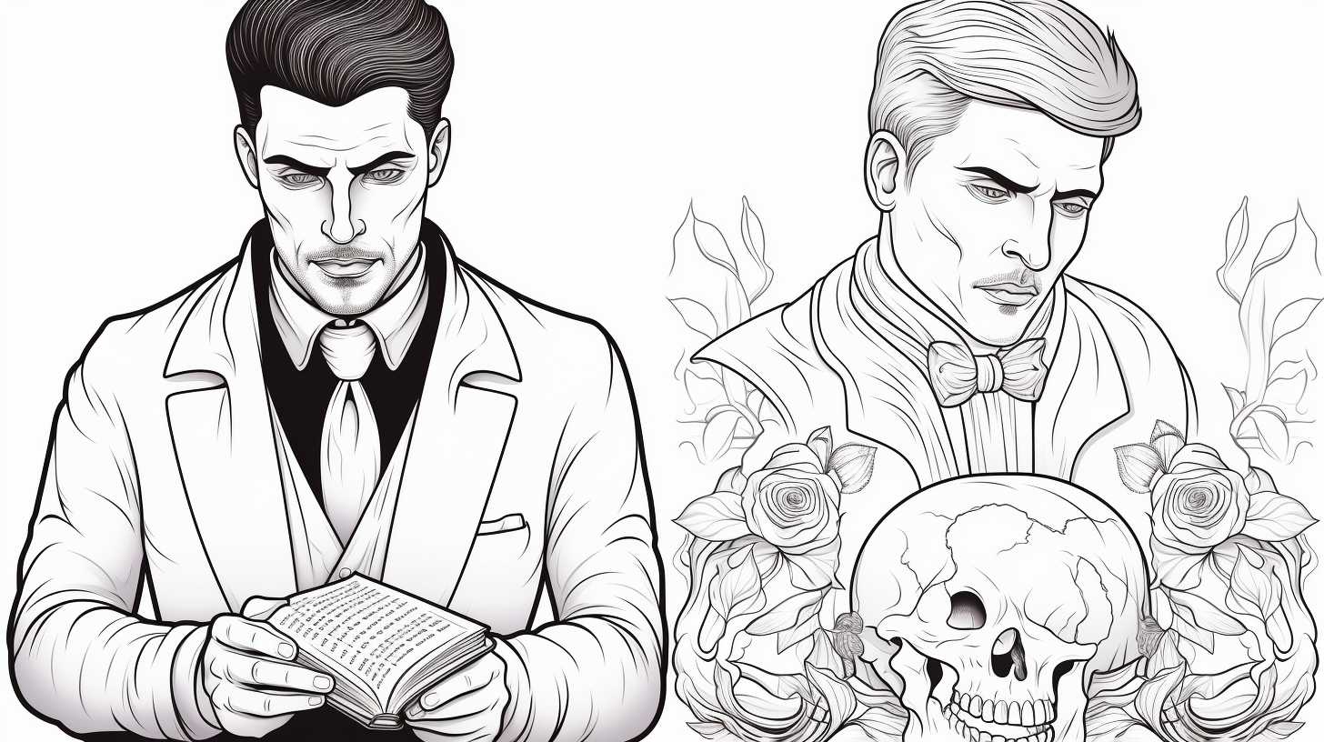 Handsome vampire holding skull in black and white