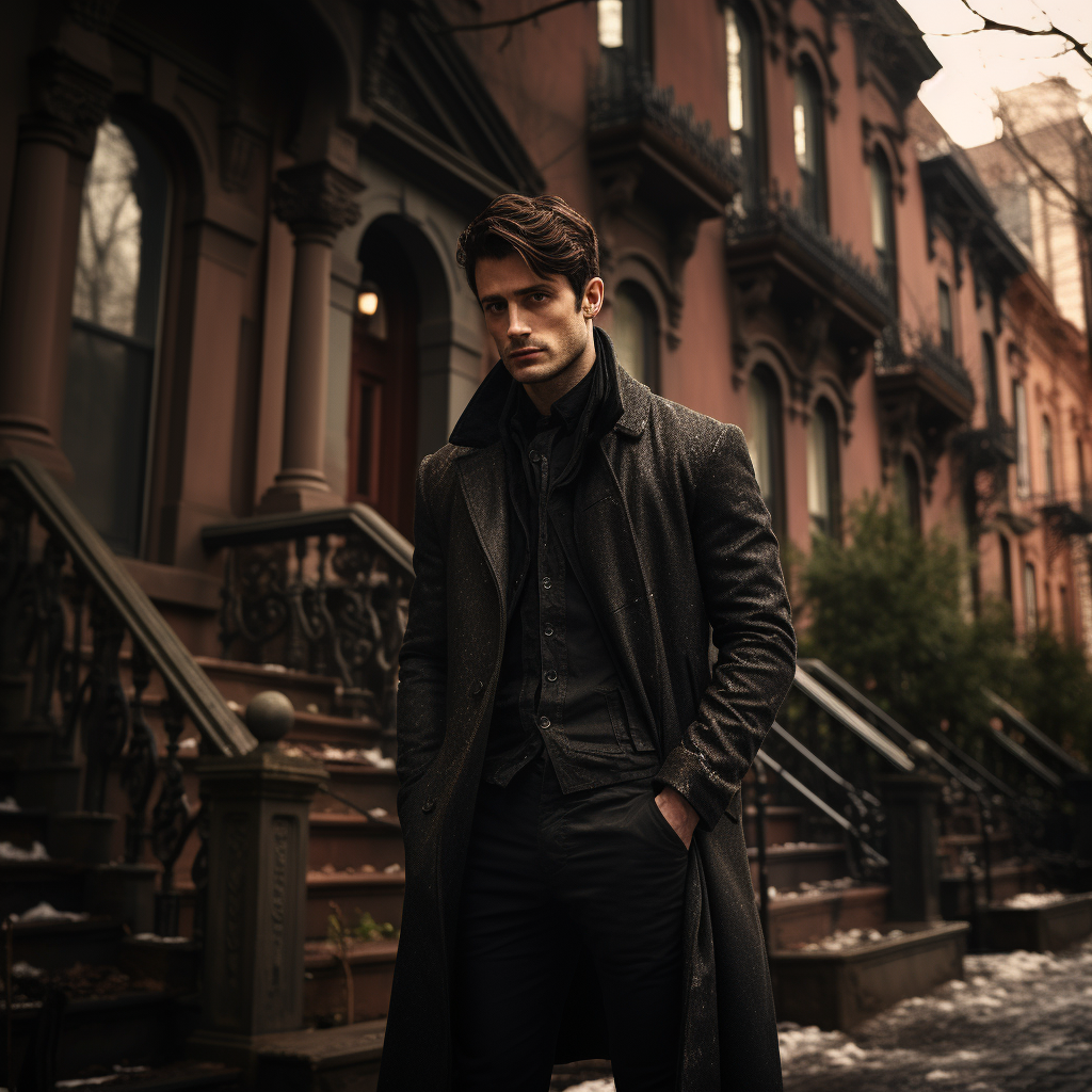 Handsome vampire in front of brownstone