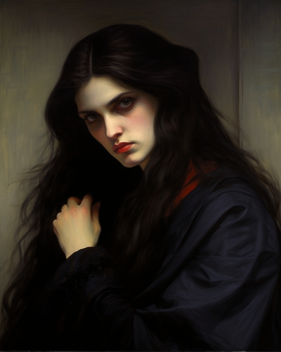 Portrait of a Handsome Vampire Woman with Long Black Hair