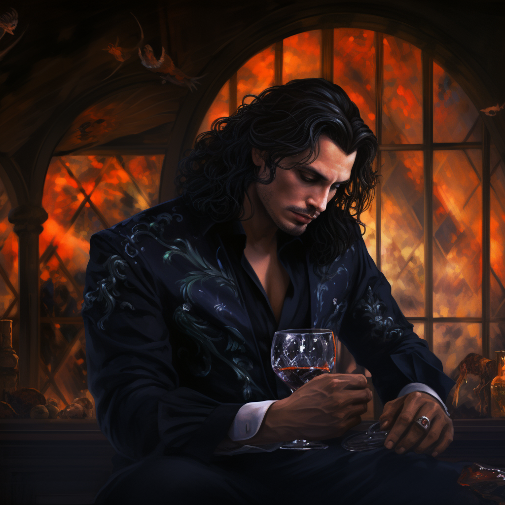 Handsome man in black suit with whiskey and magpie