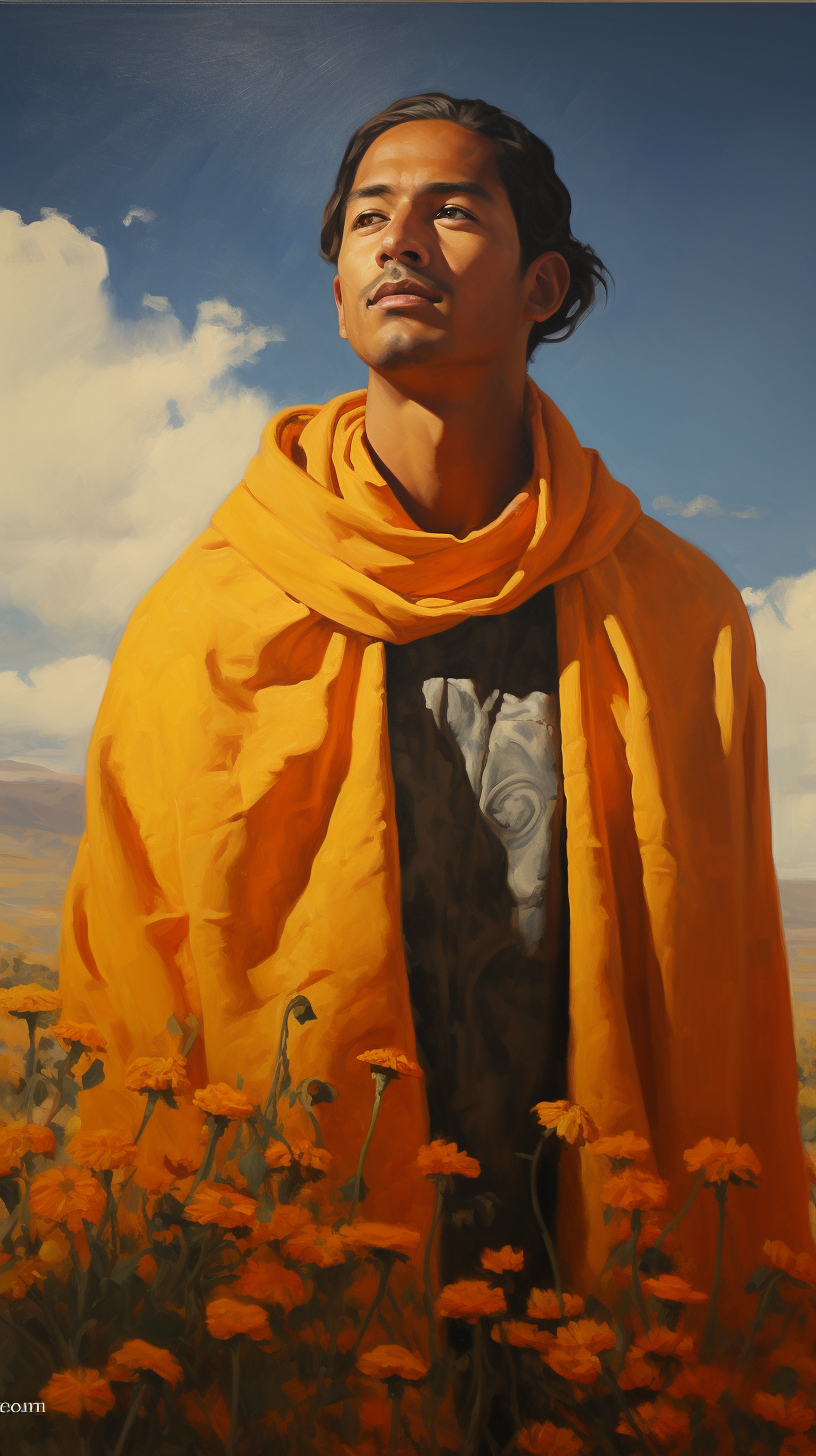 Handsome man in blanket surrounded by marigolds and rabbitbrush