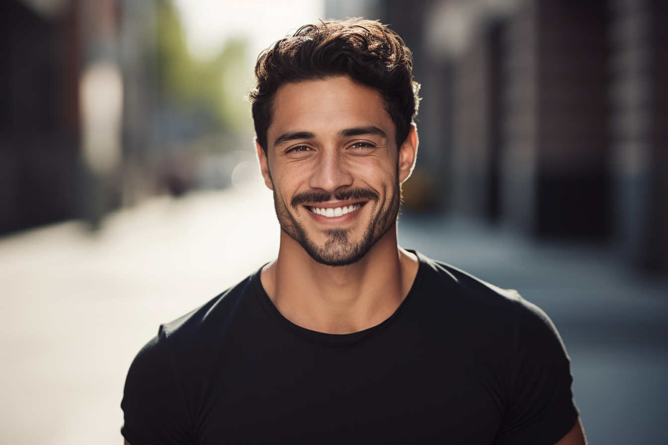 Smiling Hispanic Man in Black Jersey